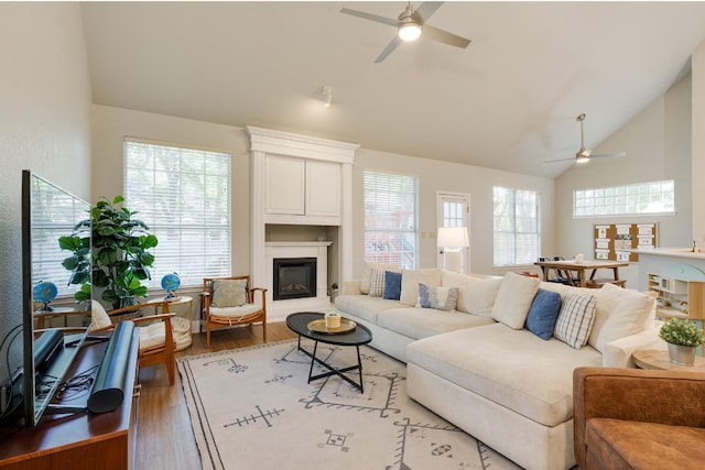 living room featuring plenty of natural light, ceiling fan, wood-type flooring, and a fireplace