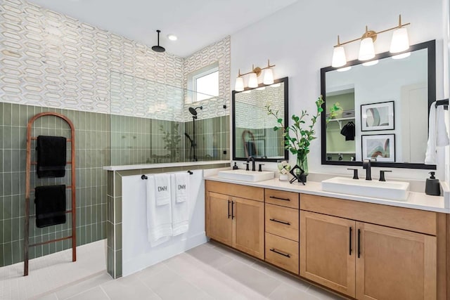 bathroom with vanity, tile patterned floors, and walk in shower