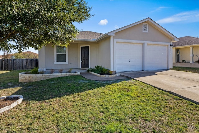 ranch-style home featuring a front yard and a garage