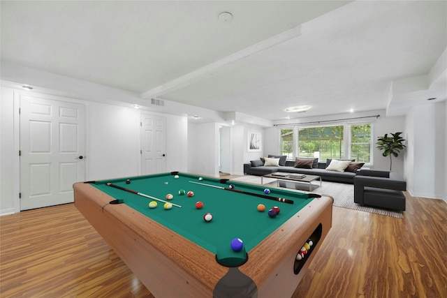 recreation room featuring hardwood / wood-style flooring and pool table