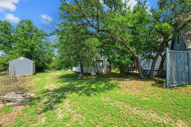 view of yard featuring a storage shed