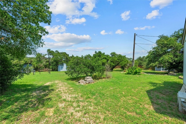 view of yard featuring a storage unit