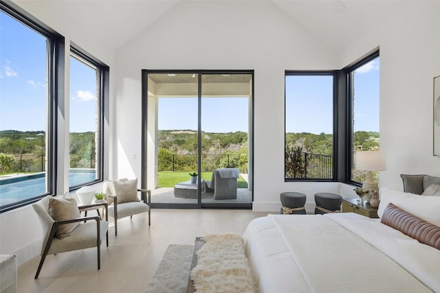 bedroom with light hardwood / wood-style flooring, high vaulted ceiling, and multiple windows