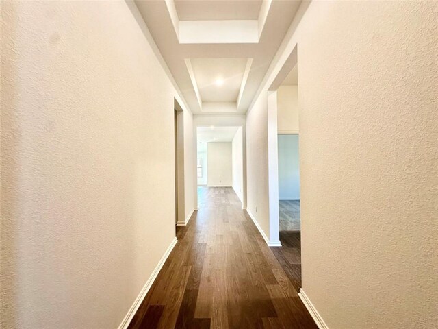 hallway with a raised ceiling and dark hardwood / wood-style floors