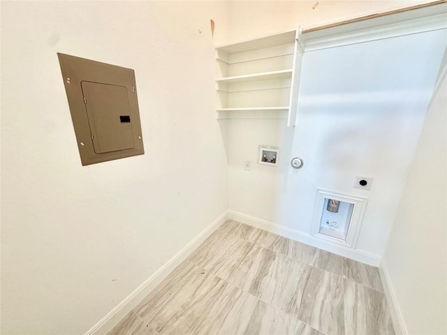 clothes washing area featuring washer hookup, electric panel, electric dryer hookup, and gas dryer hookup