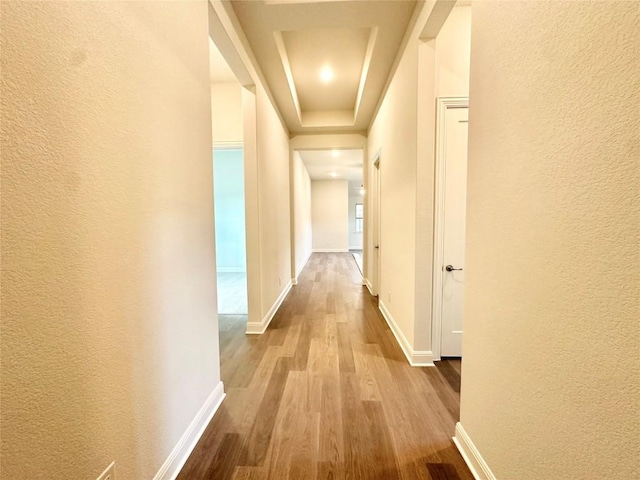 hall featuring light wood-type flooring and a tray ceiling