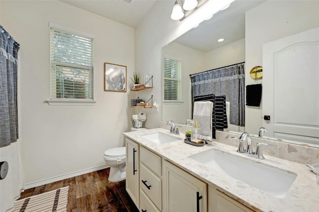 bathroom with vanity, toilet, and wood-type flooring