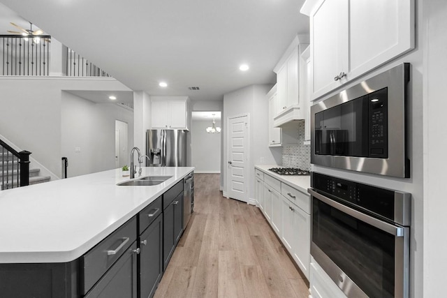 kitchen featuring appliances with stainless steel finishes, an island with sink, white cabinetry, and sink