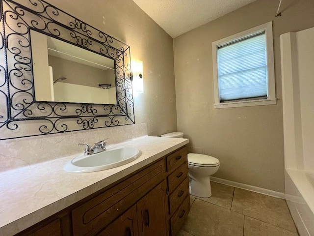 full bathroom with tile patterned flooring, a textured ceiling, toilet, shower / washtub combination, and vanity