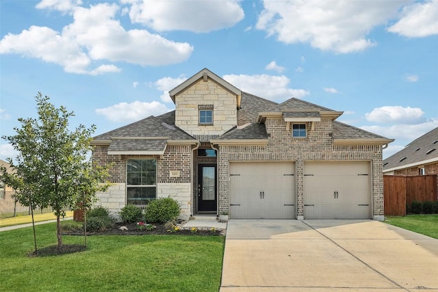 120 Krupp Ave, Liberty Hill, TX 78642 - french country style house featuring brick siding, concrete driveway, a garage, stone siding, and roof with shingles