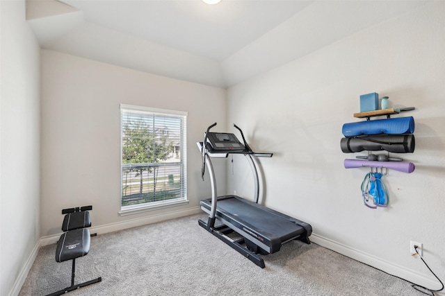 exercise room with vaulted ceiling, a wealth of natural light, and carpet floors