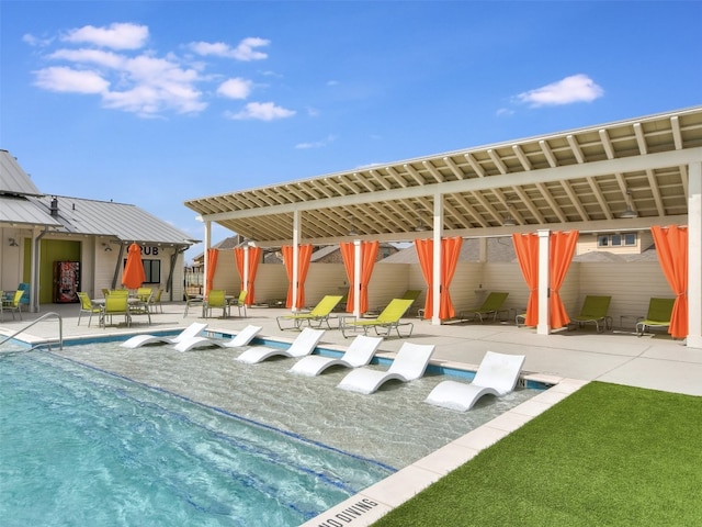 view of swimming pool featuring a patio area