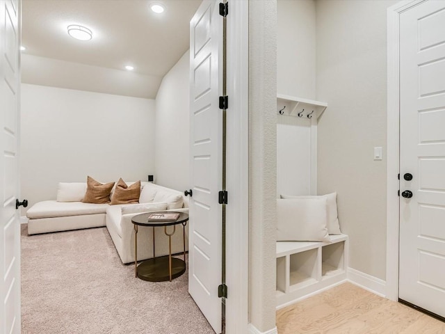 mudroom featuring light carpet