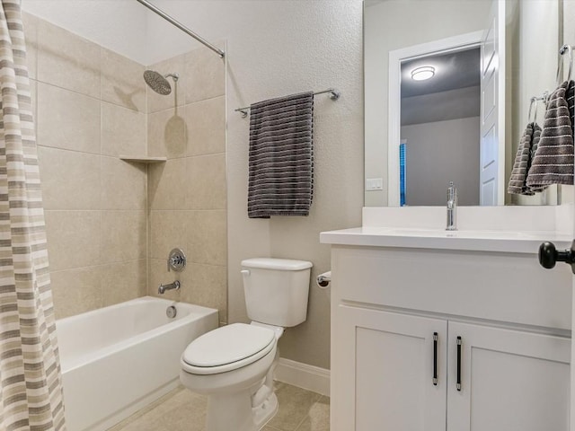 full bathroom with toilet, shower / bath combination with curtain, vanity, and tile patterned floors