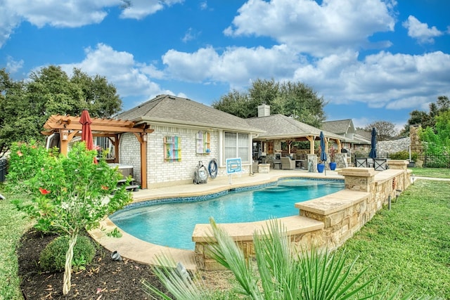 view of swimming pool featuring area for grilling, a patio area, and a pergola