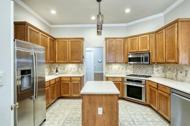 kitchen featuring a center island, stainless steel appliances, tasteful backsplash, crown molding, and decorative light fixtures