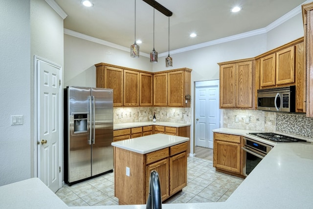 kitchen featuring decorative backsplash, appliances with stainless steel finishes, a center island, and hanging light fixtures