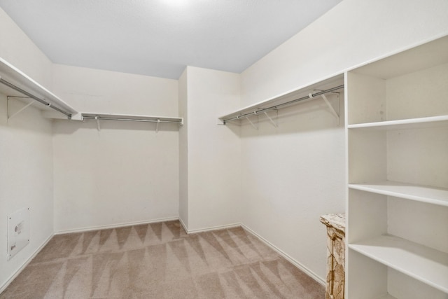 walk in closet with light colored carpet