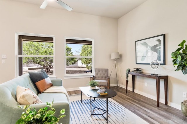 living room featuring hardwood / wood-style flooring, plenty of natural light, and ceiling fan