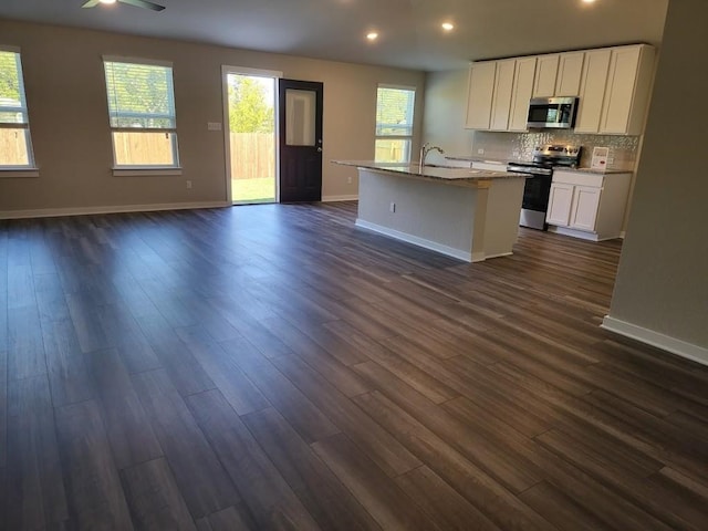 kitchen featuring a wealth of natural light, stainless steel appliances, a kitchen island with sink, and dark hardwood / wood-style floors