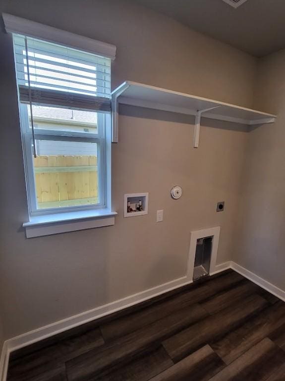 clothes washing area with washer hookup, dark wood-type flooring, hookup for a gas dryer, and hookup for an electric dryer