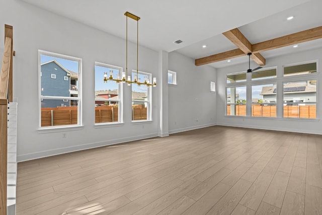 5900 Comanche Moon Trl, Austin, TX 78747 - unfurnished dining area featuring beamed ceiling, wood finished floors, ceiling fan, a chandelier, and recessed lighting