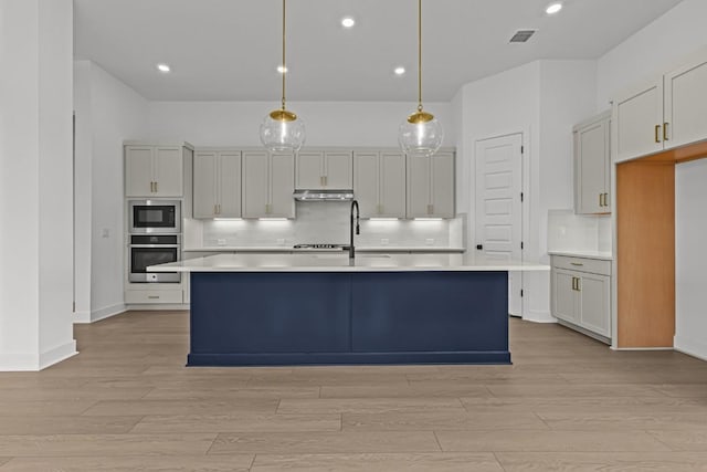 5900 Comanche Moon Trl, Austin, TX 78747 - kitchen with stainless steel appliances, light wood finished floors, light countertops, under cabinet range hood, and recessed lighting