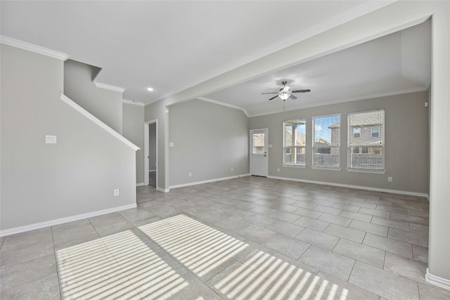 unfurnished living room featuring ceiling fan, ornamental molding, and light tile patterned flooring