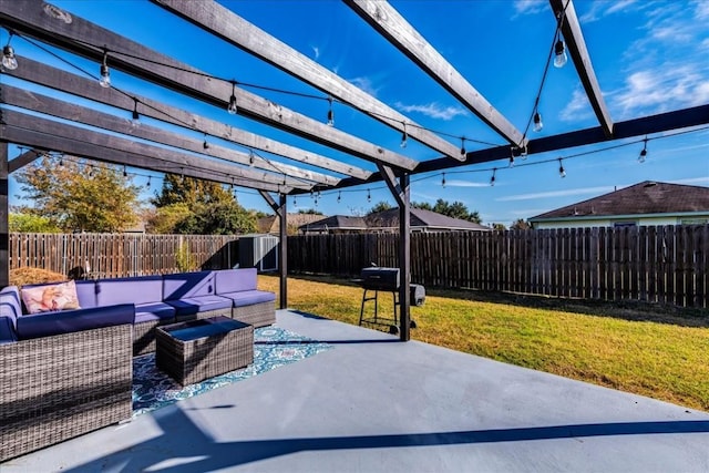 view of patio with a pergola and an outdoor hangout area