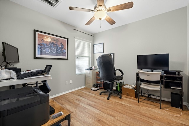 office area featuring ceiling fan and light wood-type flooring