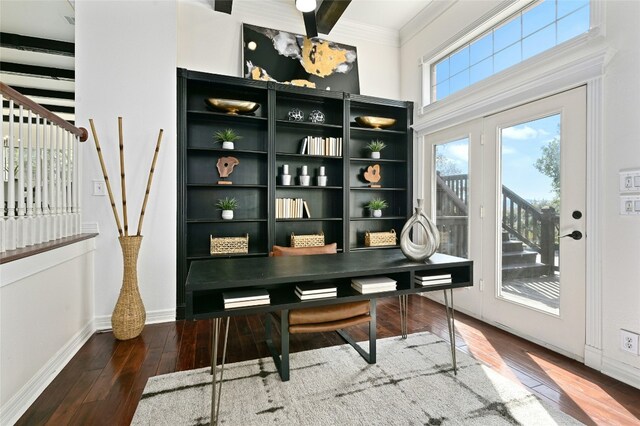 office with dark hardwood / wood-style flooring and beamed ceiling