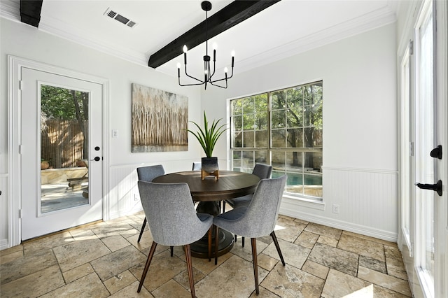 dining area featuring a wealth of natural light, visible vents, stone tile floors, and beamed ceiling