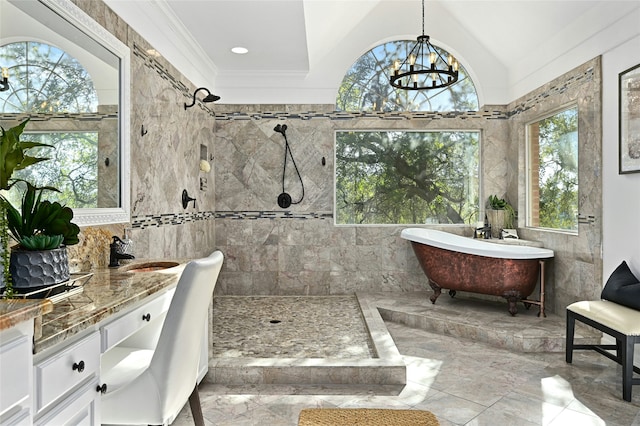 full bathroom with a walk in shower, crown molding, a soaking tub, a chandelier, and vanity