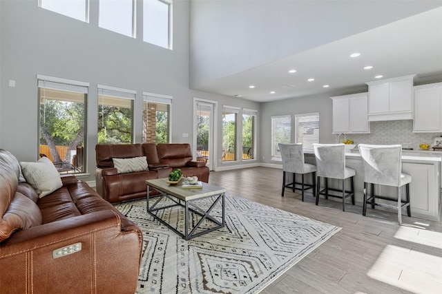 living room with light wood-type flooring and a high ceiling