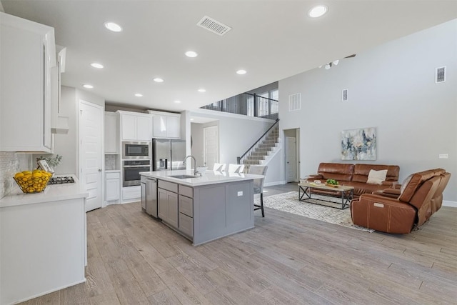 kitchen with a kitchen island with sink, sink, light wood-type flooring, and appliances with stainless steel finishes