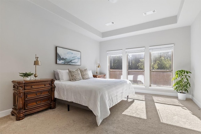 bedroom with a tray ceiling and light carpet