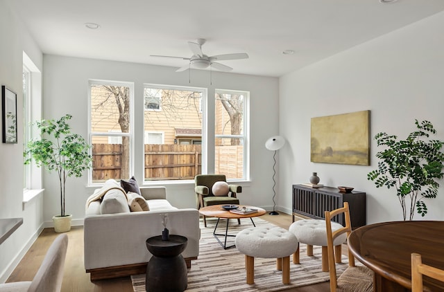 living area featuring ceiling fan and light hardwood / wood-style floors