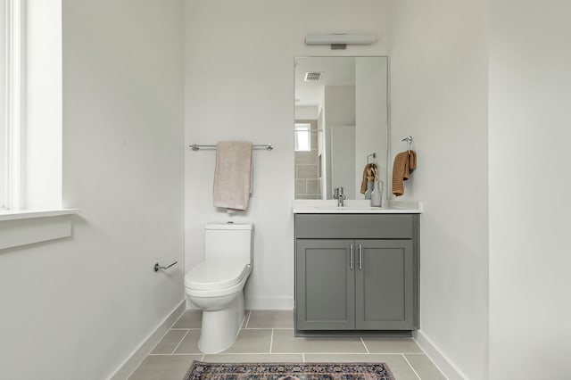 bathroom with toilet, tile patterned floors, and vanity