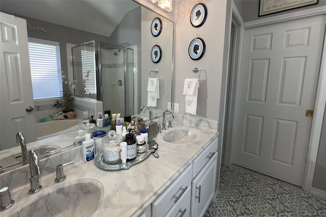 bathroom featuring tile patterned floors, vanity, and plus walk in shower