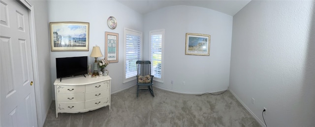 home office with carpet, a healthy amount of sunlight, and lofted ceiling