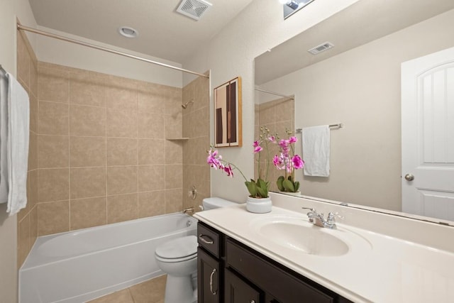 full bathroom featuring tile patterned flooring, vanity, toilet, and tiled shower / bath