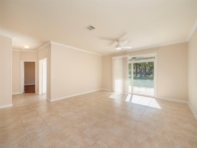 tiled spare room featuring ceiling fan and ornamental molding