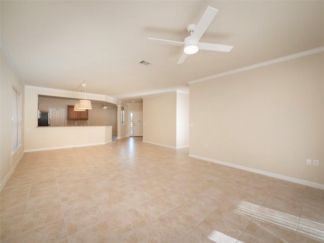 unfurnished living room featuring ceiling fan, crown molding, and light tile patterned flooring