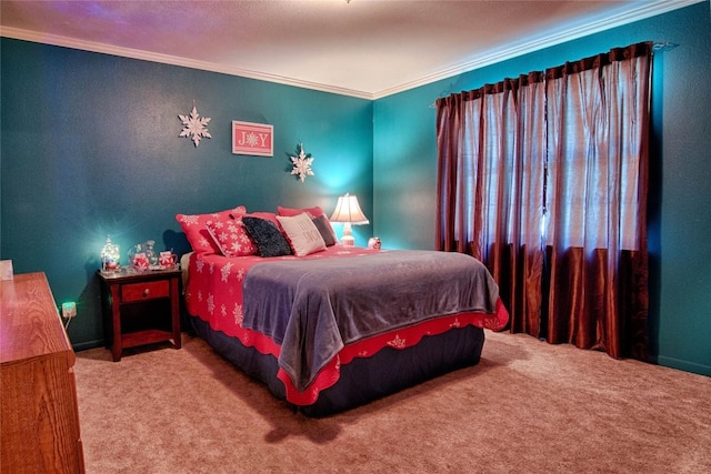 carpeted bedroom with crown molding