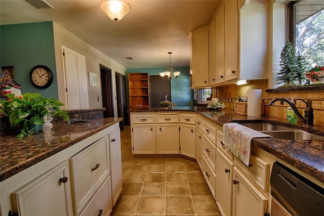 kitchen with tasteful backsplash, stainless steel dishwasher, sink, decorative light fixtures, and a notable chandelier