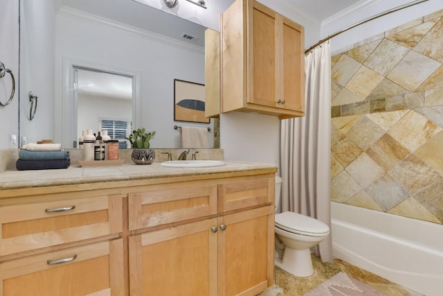 full bathroom with crown molding, vanity, toilet, and shower / tub combo