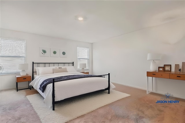 bedroom with light carpet