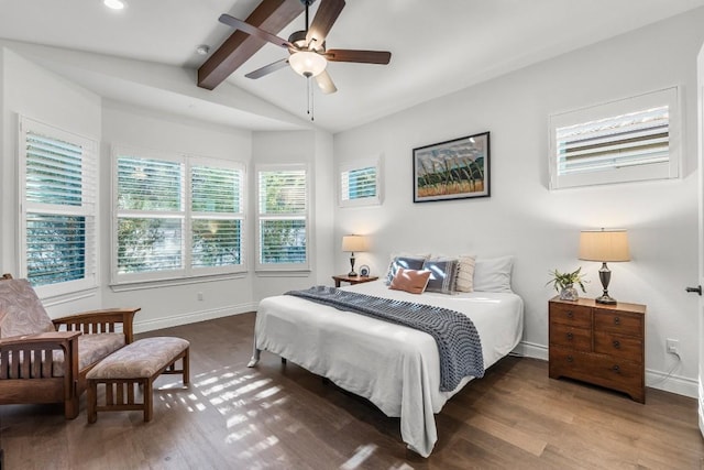 bedroom with wood-type flooring, multiple windows, and ceiling fan