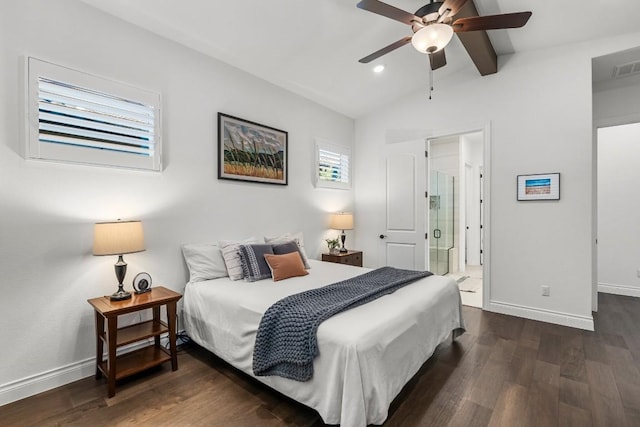 bedroom featuring lofted ceiling with beams, ceiling fan, dark hardwood / wood-style flooring, and ensuite bath