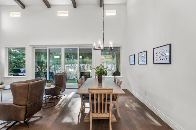 dining space featuring beam ceiling, dark hardwood / wood-style flooring, a high ceiling, and an inviting chandelier